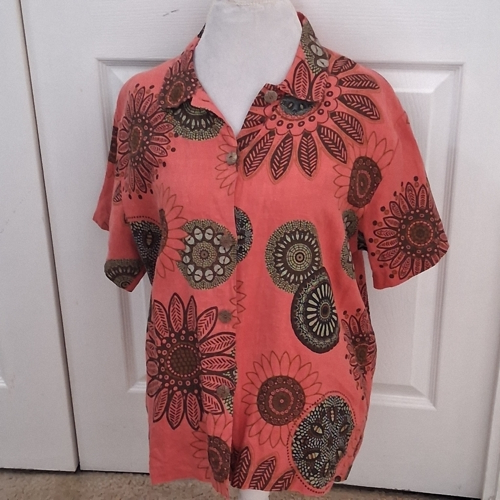 Hot Cocoa 100% Linen Floral Print Blouse Size L